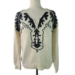 Ann Wi Cream Black Leather Applique V Neck Sweater Medium
